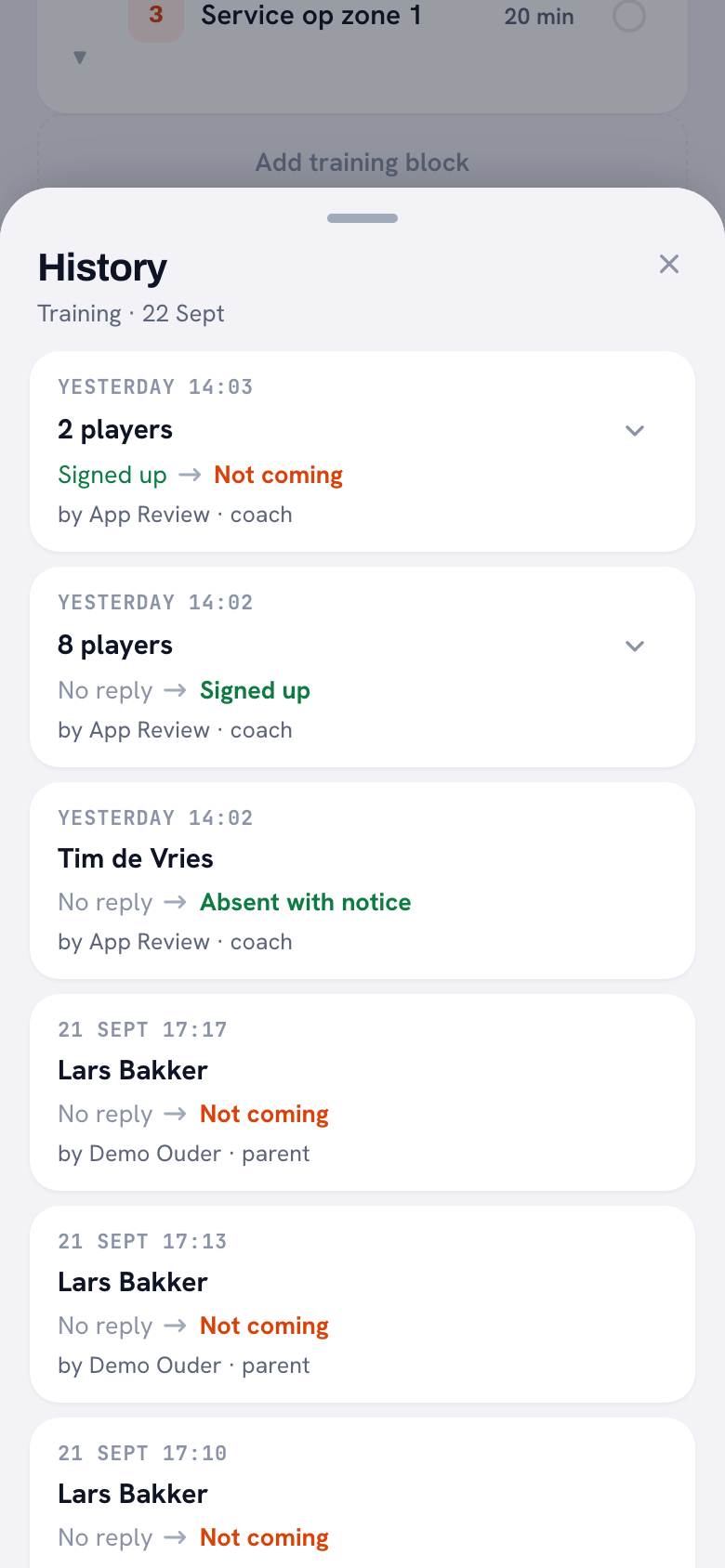 The history sheet slid up over the session screen, headed History with Training, 22 Sept underneath. Every card shows the time, then the player’s name or a folded row such as 2 players or 8 players, then the old status with an arrow to the new one, and at the bottom who made the change and in which role: by App Review, coach, or by Demo Ouder, parent.