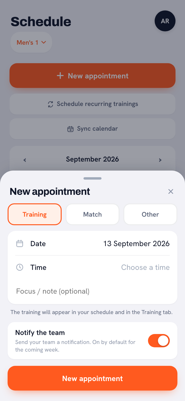 The ‘New appointment’ sheet with the choice between Training, Match and Other at the top, then the date, the time and a field for a focus or note, and at the bottom the ‘Notify the team’ switch, turned on.