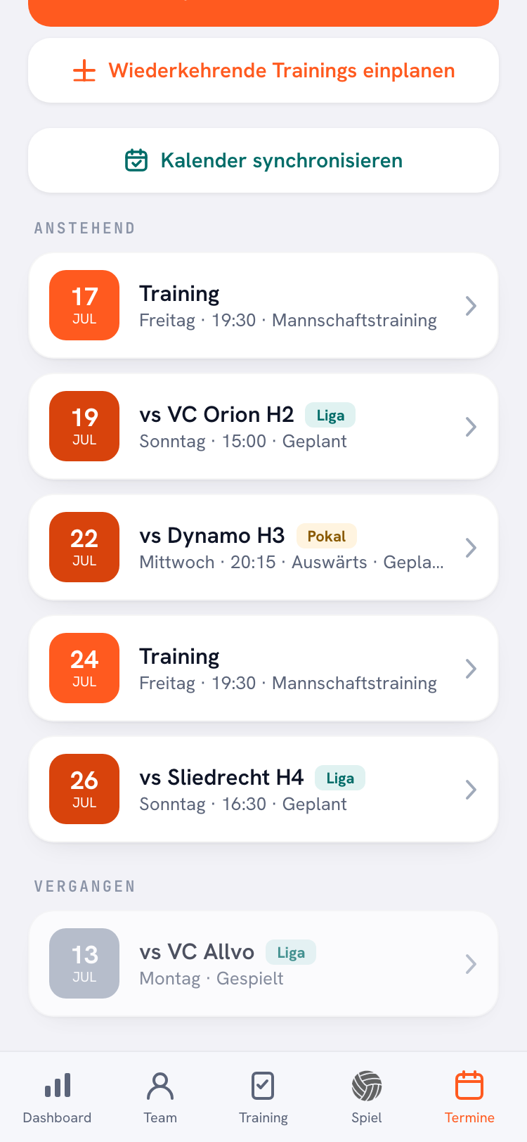 Der Kalender der Koach-App mit anstehenden Trainings, Spielen und Diensten