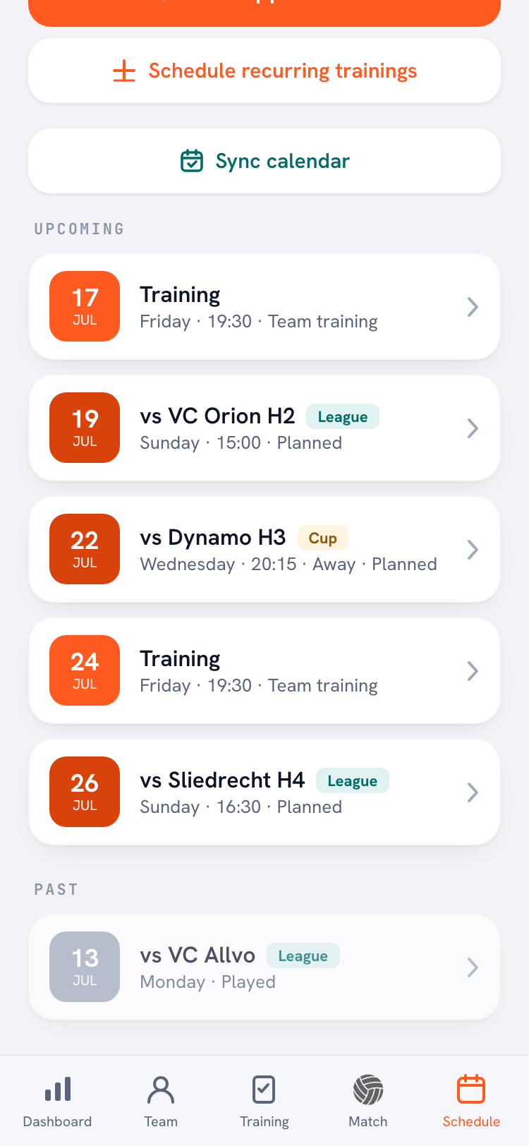 The Koach app calendar with the upcoming matches the driving rota arranges transport for