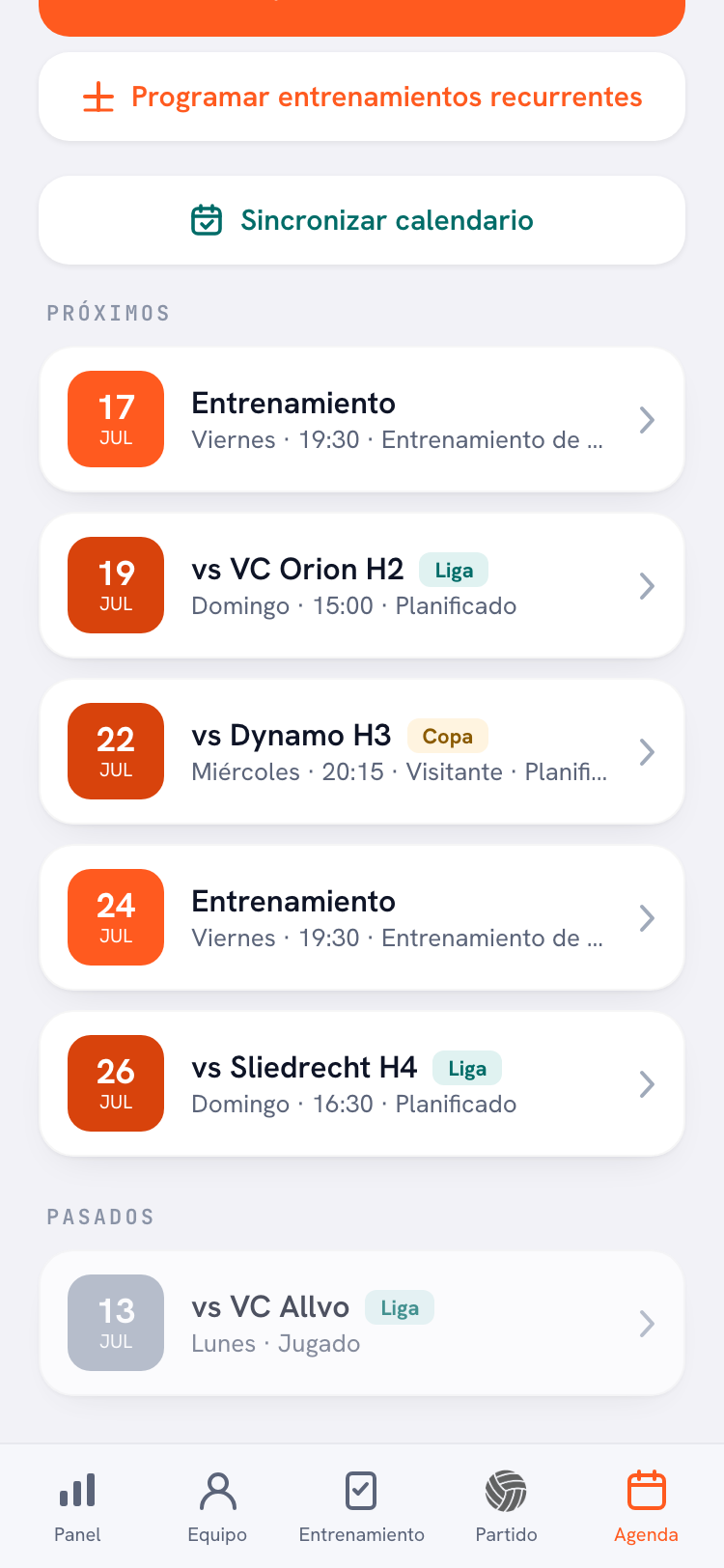 El calendario de la app de Koach con los próximos entrenamientos, partidos y turnos