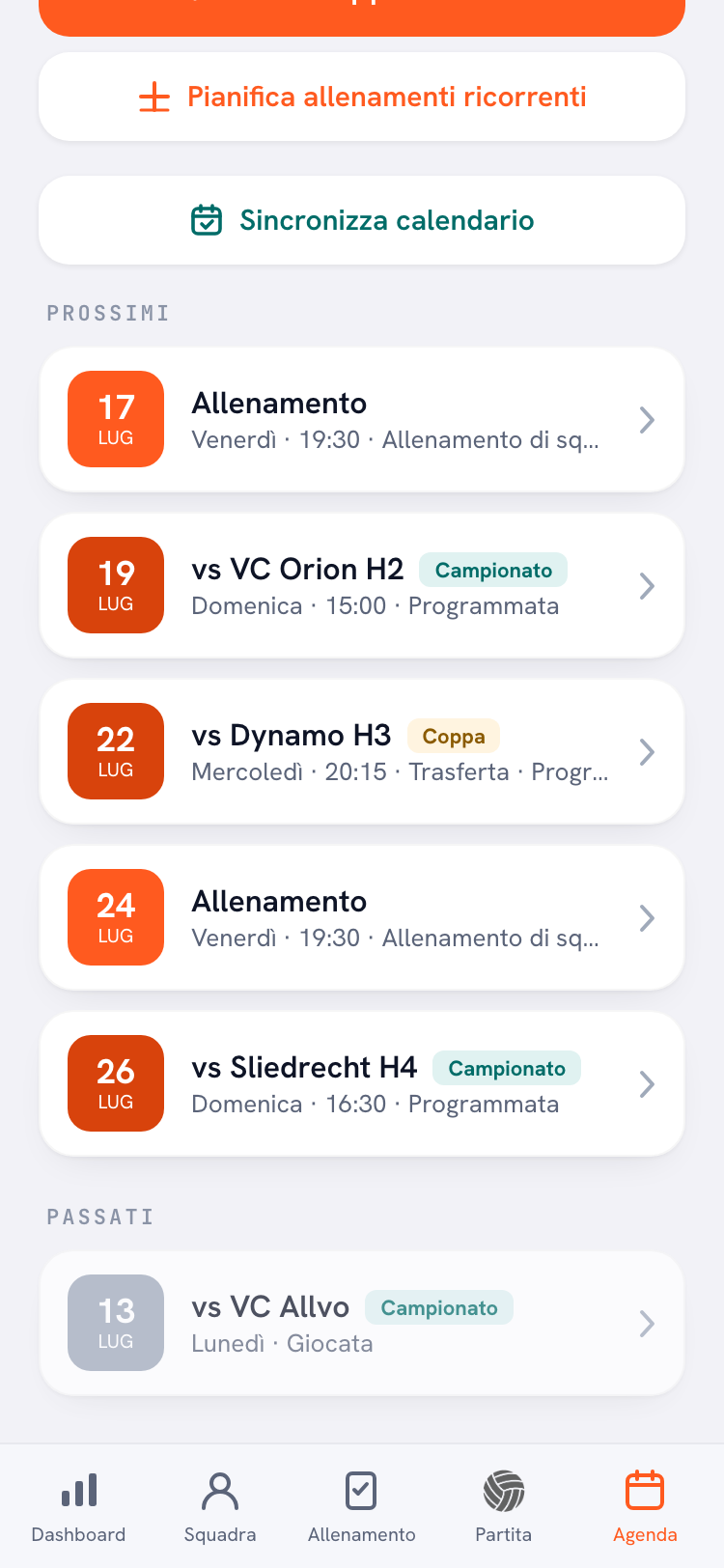 Il calendario dell'app Koach con i prossimi allenamenti, partite e turni