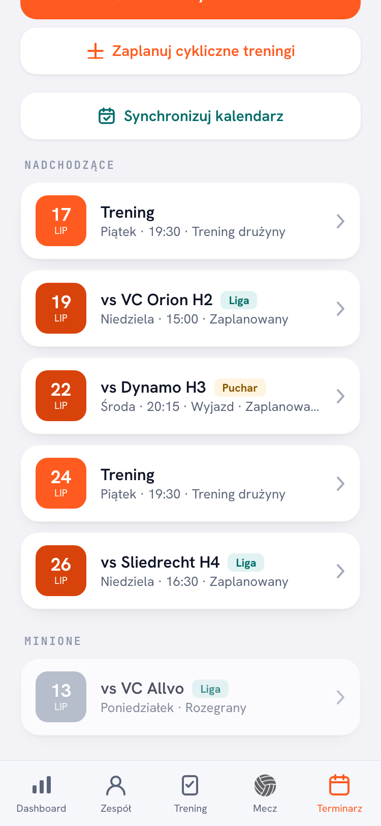 Kalendarz aplikacji Koach z nadchodzącymi treningami, meczami i dyżurami