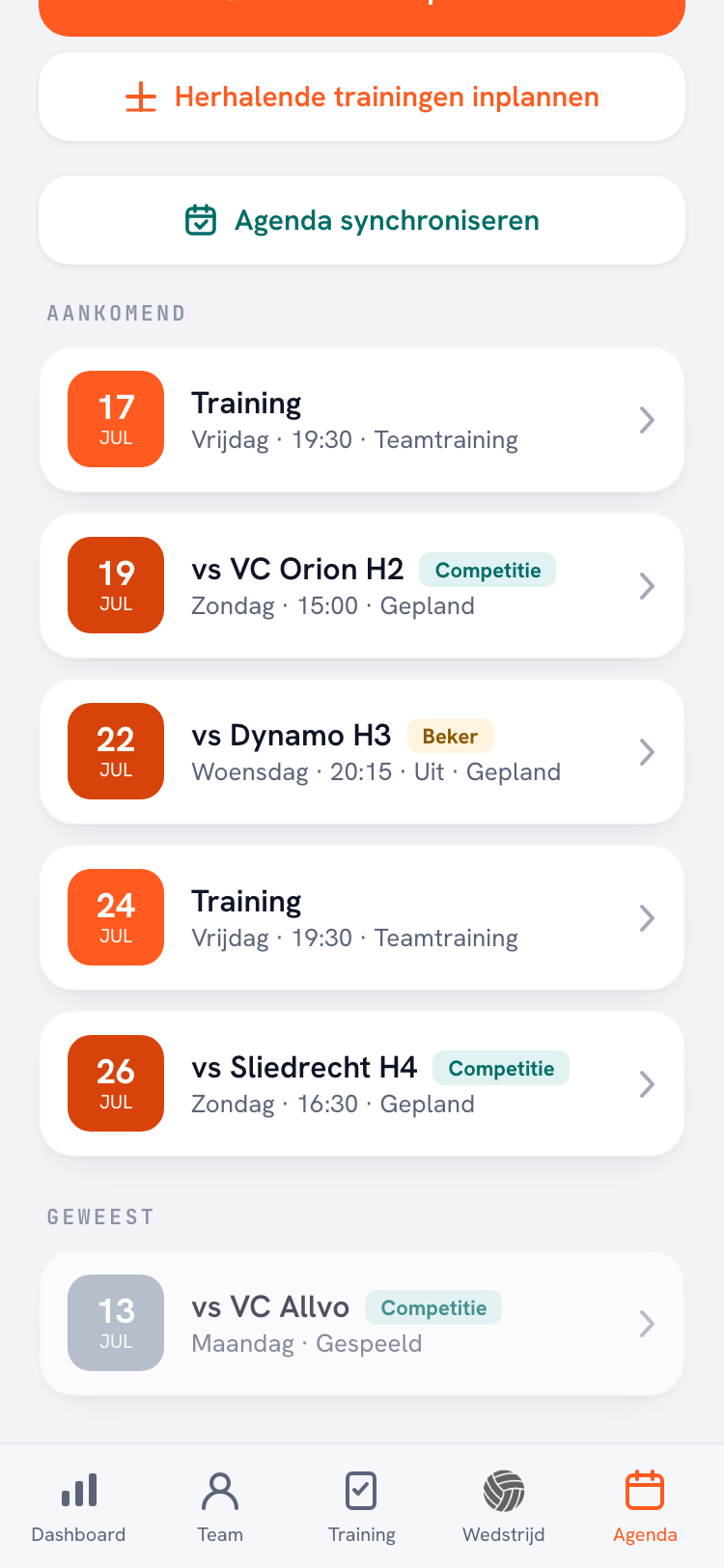 De agenda van de Koach-app met aankomende trainingen, wedstrijden en diensten