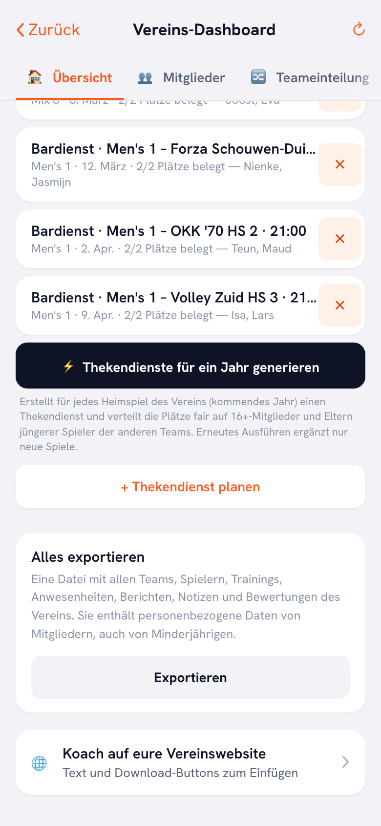 Der Block Alles exportieren unten im Tab Übersicht des Vereins-Dashboards, mit der Erklärzeile und dem Exportknopf