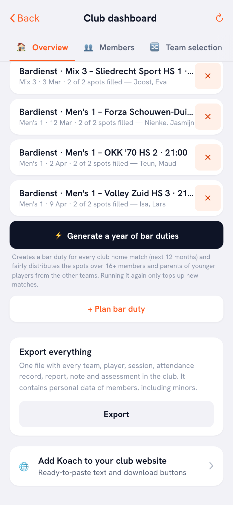The Export everything block at the bottom of the Overview tab of the club dashboard, with the line of explanation and the export button