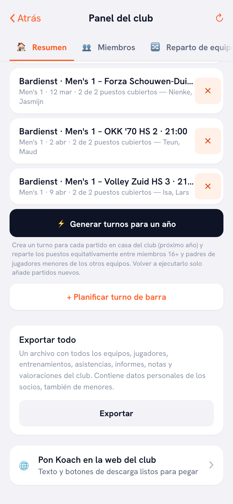 El bloque Exportar todo al final de la pestaña Resumen del panel del club, con la línea de explicación y el botón de exportar