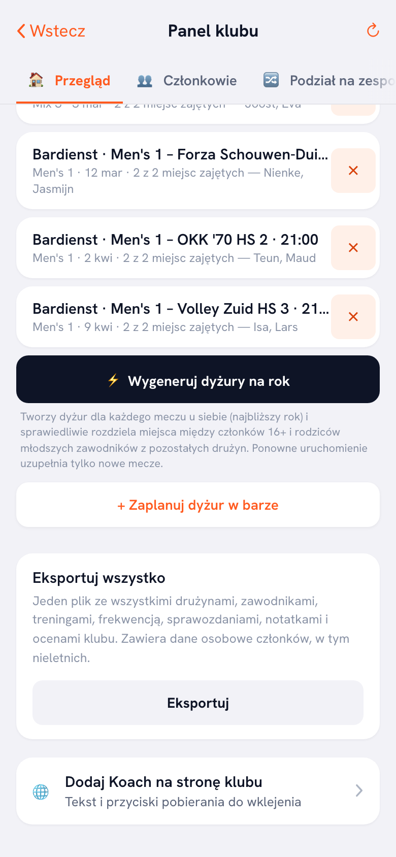 Blok Eksportuj wszystko na dole zakładki Przegląd w panelu klubu, z wierszem objaśnienia i przyciskiem eksportu