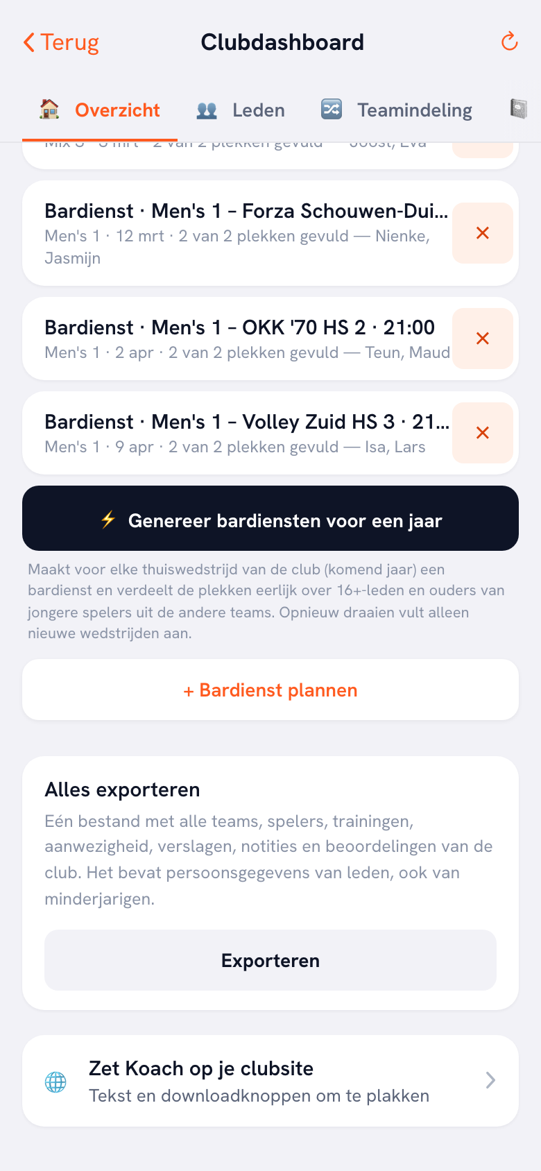 Het blok Alles exporteren onderaan het tabblad Overzicht van het clubdashboard, met de uitlegregel en de exportknop