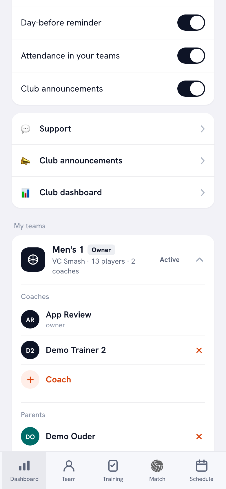 The profile screen in the Koach app with notifications, Club announcements and the Club dashboard row above your own teams