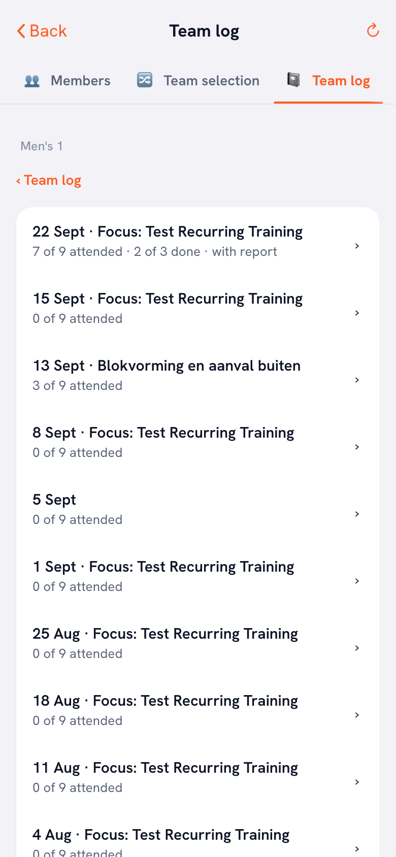 The team log in the club module: the chosen team at the top, below it the sessions underneath each other with the date and the focus. The top one reads ‘7 of 9 attended · 2 of 3 done · with report’.