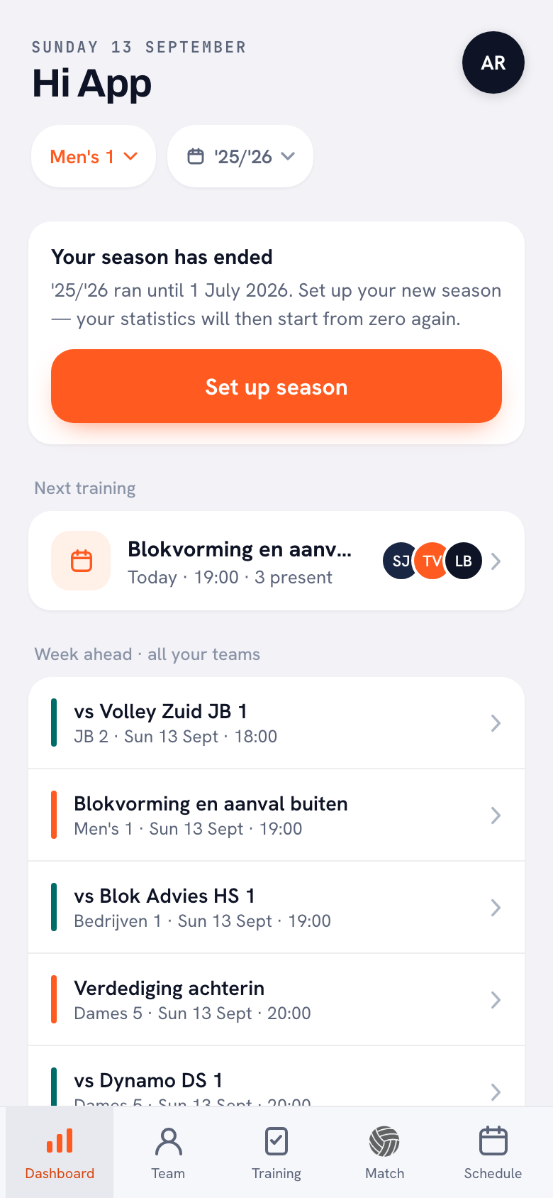 The home screen with the block ‘Coming week · all your teams’: a JB 2 match, a Men’s 1 practice, a Bedrijven 1 match and a Dames 5 practice listed underneath each other.