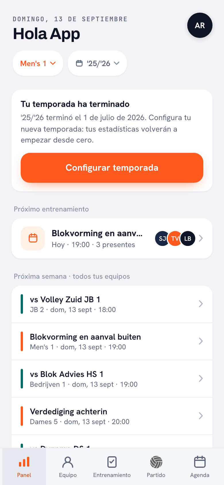 La pantalla de inicio con un botón para el equipo y otro para la temporada arriba, y más abajo el bloque «Próxima semana · todos tus equipos» con líneas para JB 2, Men’s 1, Bedrijven 1 y Dames 5, cada una con el nombre del equipo, el día y la hora debajo.