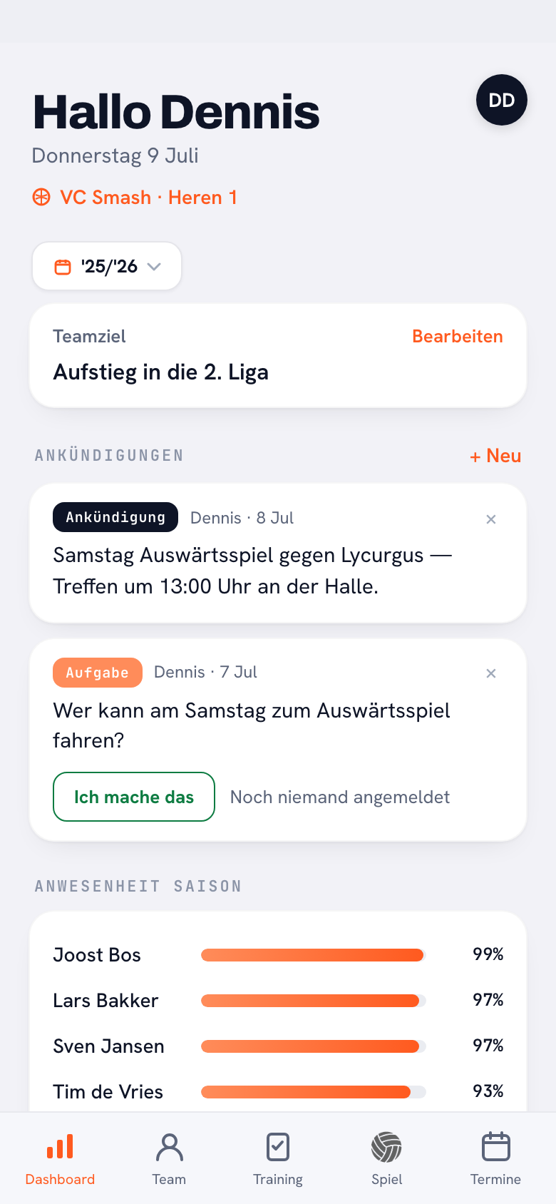 Koach app: dashboard