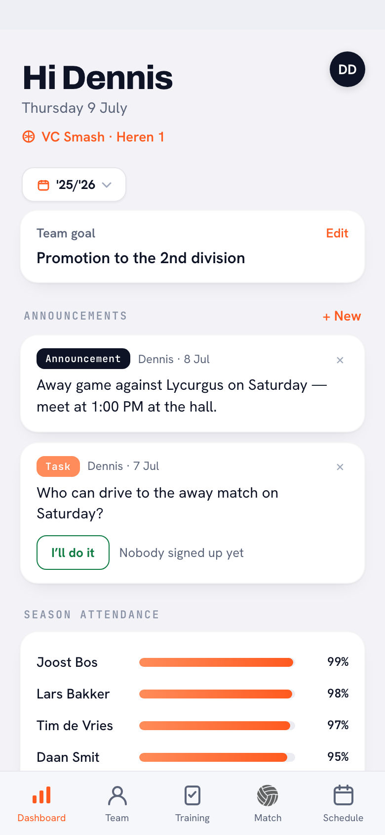 Koach dashboard with attendance and average effort per player — the data base under playing time decisions