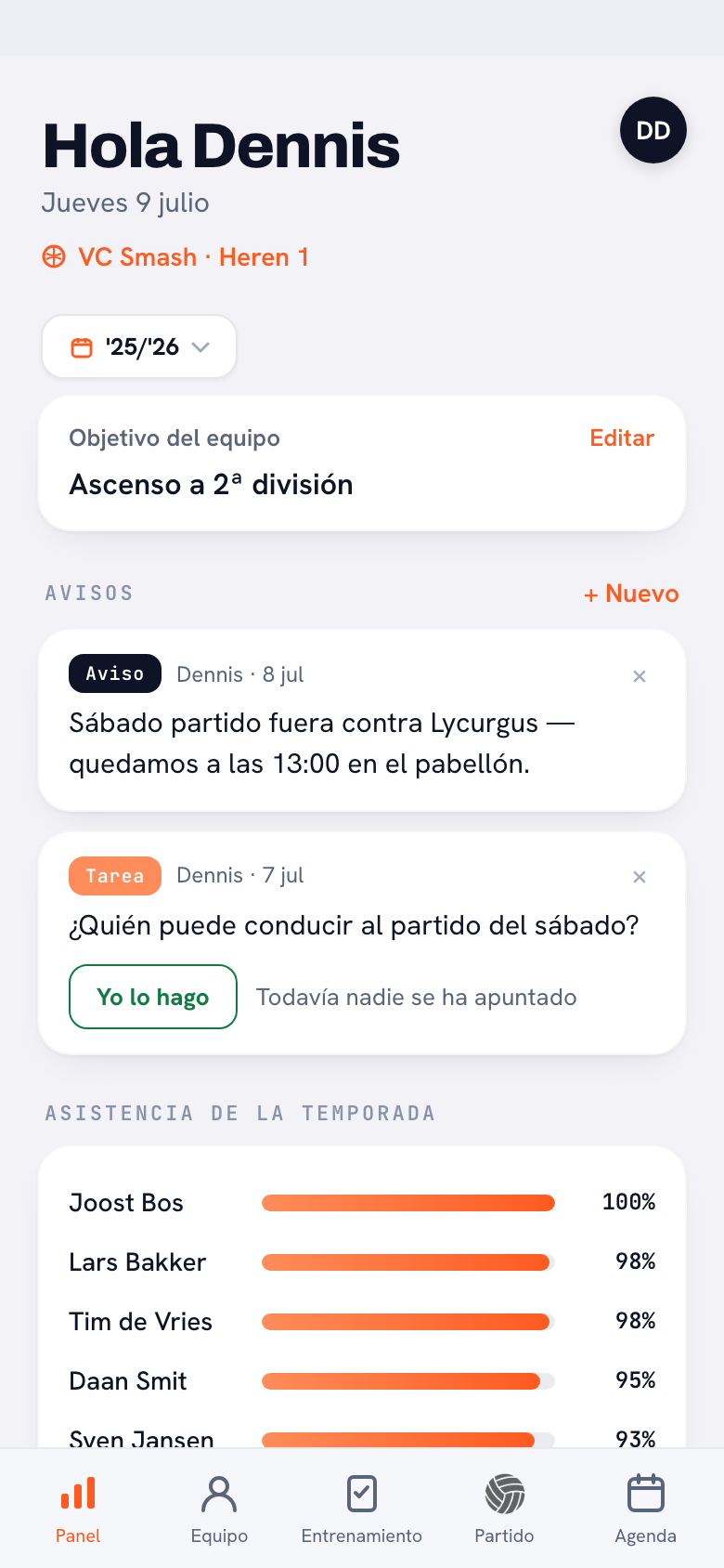 Koach app: dashboard