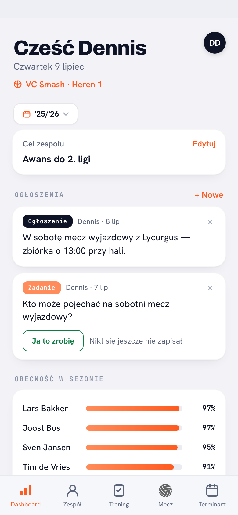 Koach app: dashboard