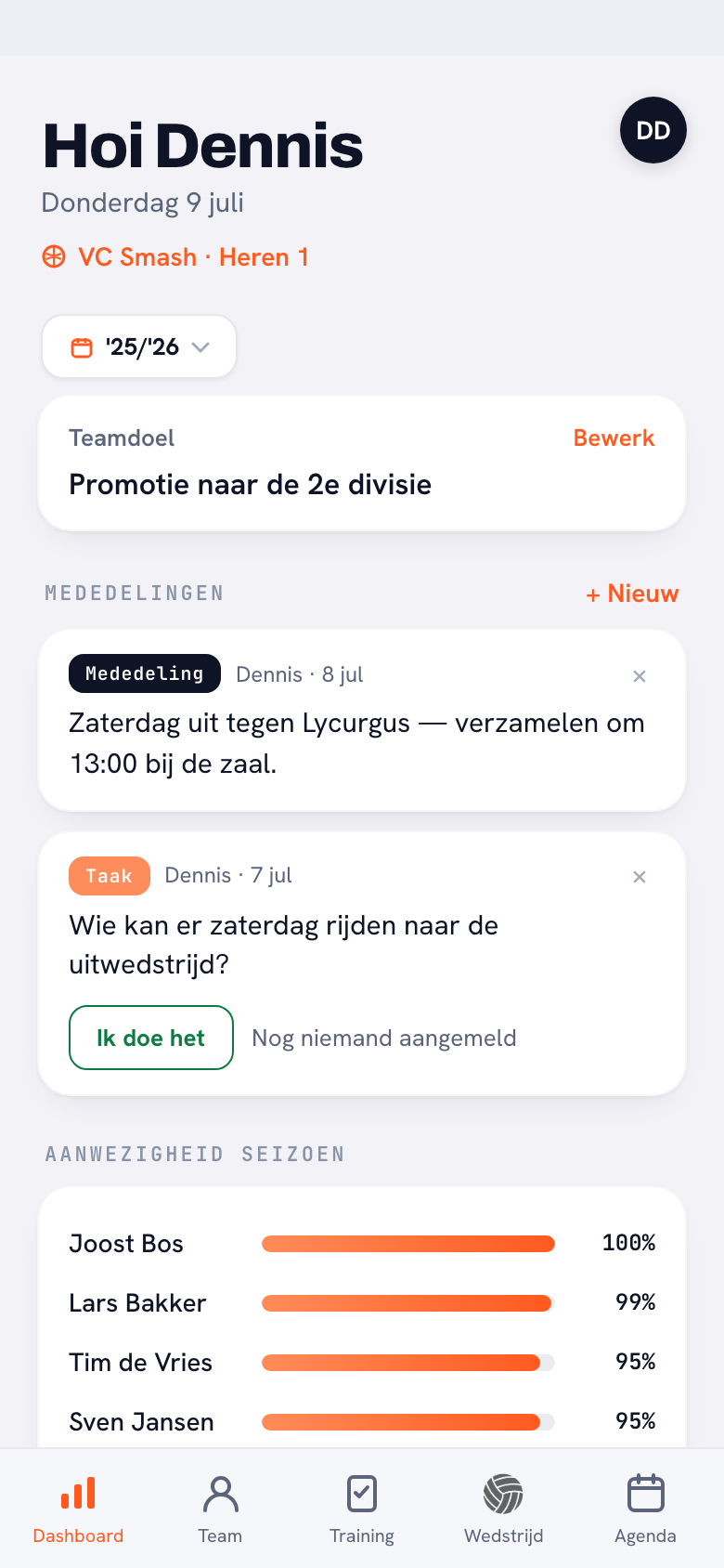 Koach app: dashboard