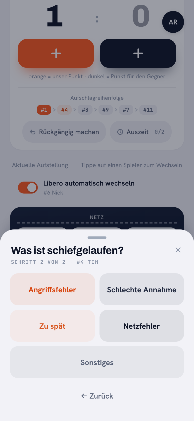 Das Fehlerblatt in Koach: ‚Was ging schief?‘, Schritt 2 von 2, mit den Schaltflächen Angriffsfehler, Schlechte Annahme, Zu spät, Netzfehler und Sonstiges.
