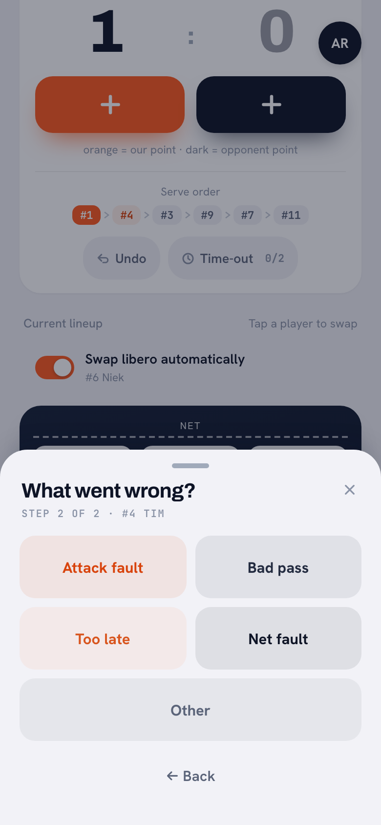 The fault sheet in Koach: ‘What went wrong?’, step 2 of 2, with the buttons Attack fault, Bad pass, Too late, Net fault and Other.