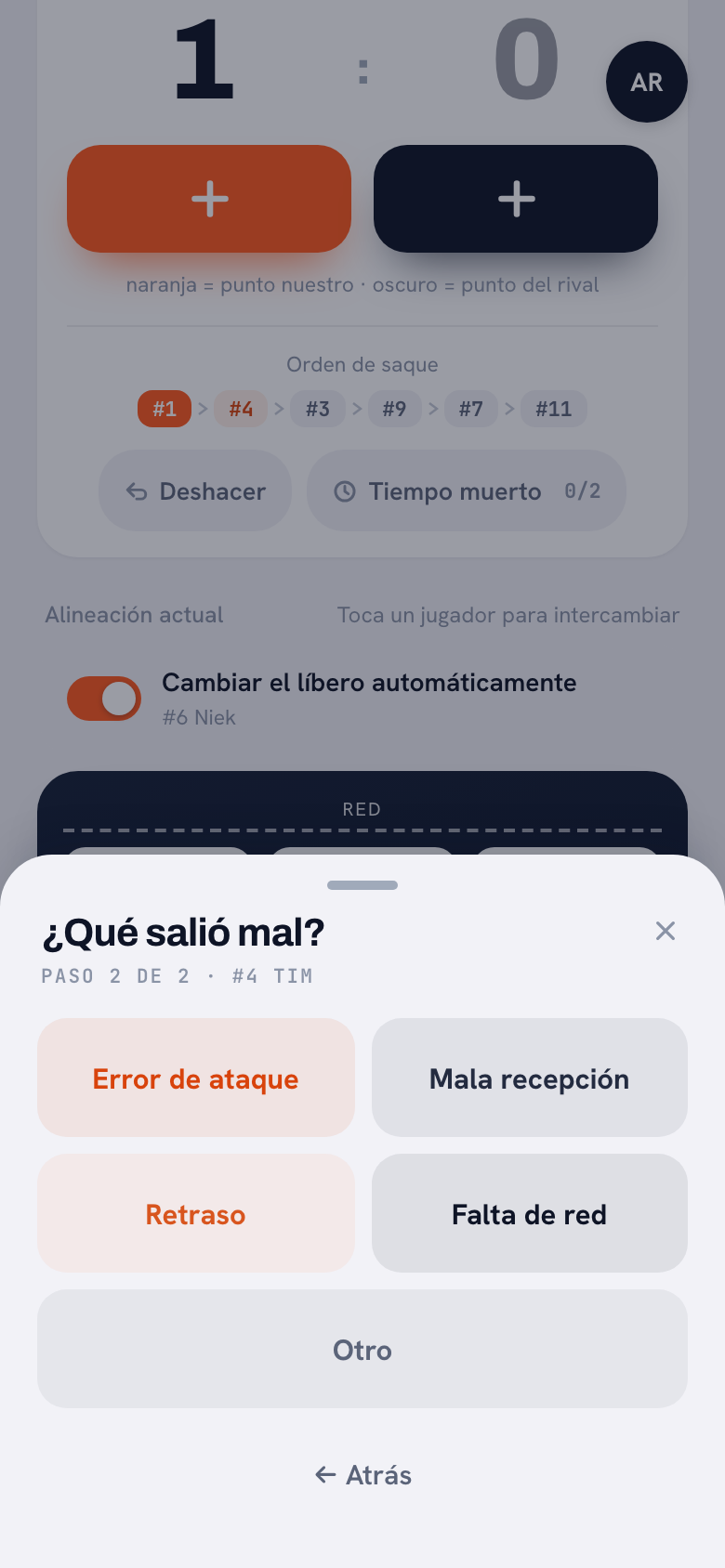 La hoja de errores de Koach: «¿Qué salió mal?», paso 2 de 2, con los botones Error de ataque, Mala recepción, Retraso, Falta de red y Otro.