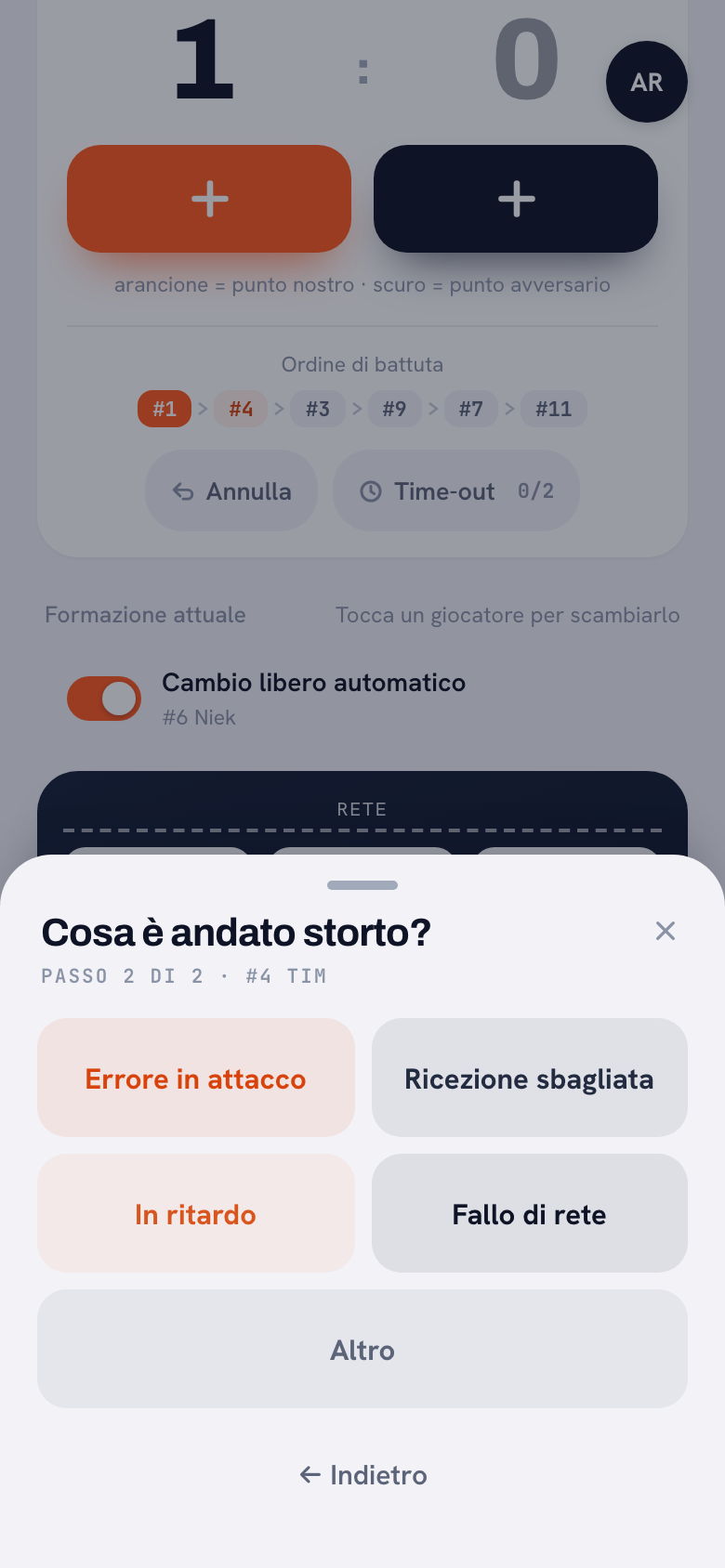 La scheda degli errori in Koach: «Cosa è andato storto?», passo 2 di 2, con i pulsanti Errore in attacco, Ricezione sbagliata, In ritardo, Fallo di rete e Altro.
