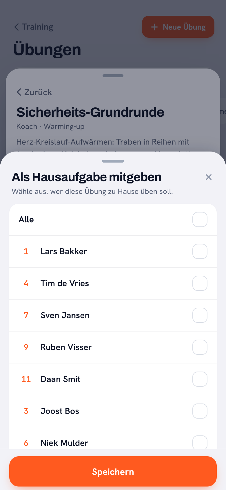 Das Blatt zum Vergeben von Hausaufgaben mit der Frage, wer diese Übung zu Hause üben soll, darunter die Spieler mit Rückennummer und einem Ankreuzfeld.