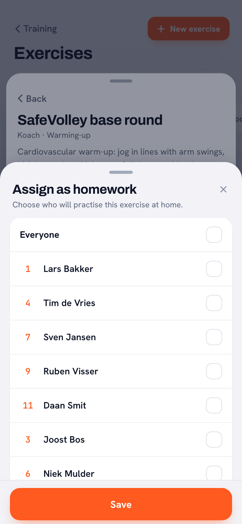 The Assign as homework sheet with the line ‘Choose who will practise this exercise at home’, a row for Everyone and under it the players with their shirt numbers — 1 Lars Bakker, 4 Tim de Vries, 7 Sven Jansen, 9 Ruben Visser, 11 Daan Smit, 3 Joost Bos, 6 Niek Mulder — each with a tick box, and a Save button at the bottom