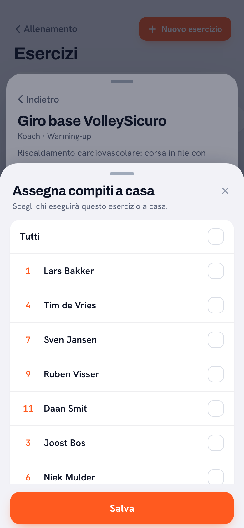 Il foglio per assegnare i compiti sopra un esercizio, con la frase Scegli chi eseguirà questo esercizio a casa, in alto Tutti e sotto i giocatori con numero e casella da spuntare.