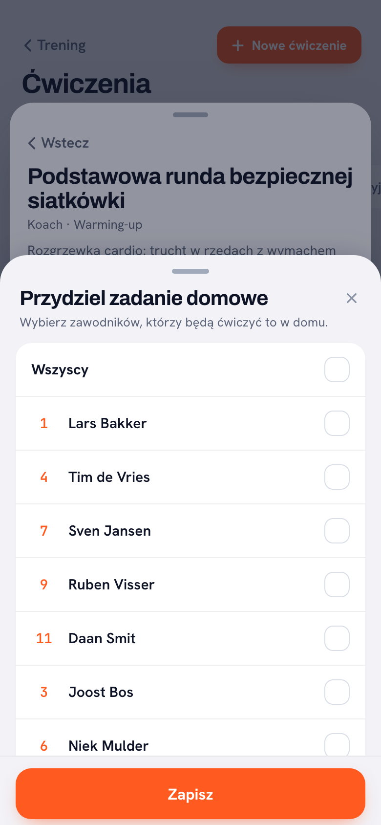 Arkusz przydzielania zadania domowego nad ćwiczeniem, ze zdaniem Wybierz zawodników, którzy będą ćwiczyć to w domu, u góry Wszyscy, a niżej zawodnicy z numerem i polem wyboru.