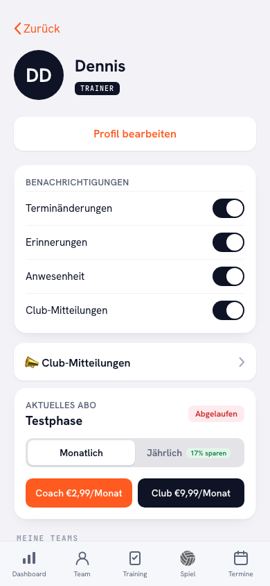 Die Spracheinstellung in der Koach-App: Auswahl aus sechs Sprachen