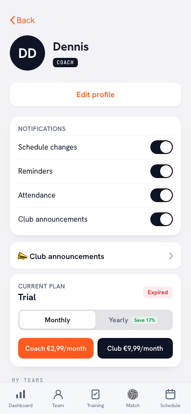 The profile and settings screen of the Koach app, where the Support feature lives