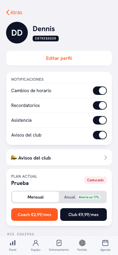 El ajuste de idioma en la app de Koach: elegir entre seis idiomas