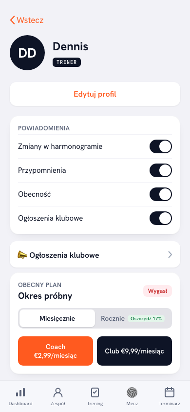 Ekran profilu i ustawień aplikacji Koach, w którym znajduje się funkcja Support