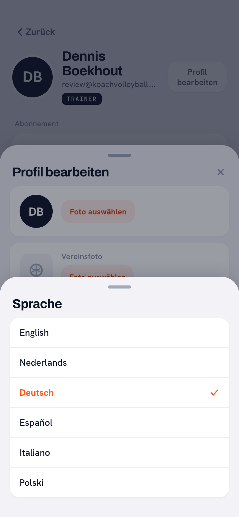 Die Spracheinstellung in der Koach-App: Auswahl aus sechs Sprachen