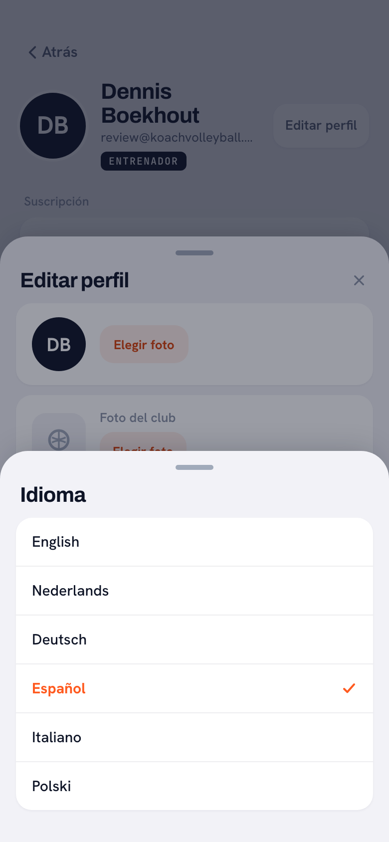 El ajuste de idioma en la app de Koach: elegir entre seis idiomas