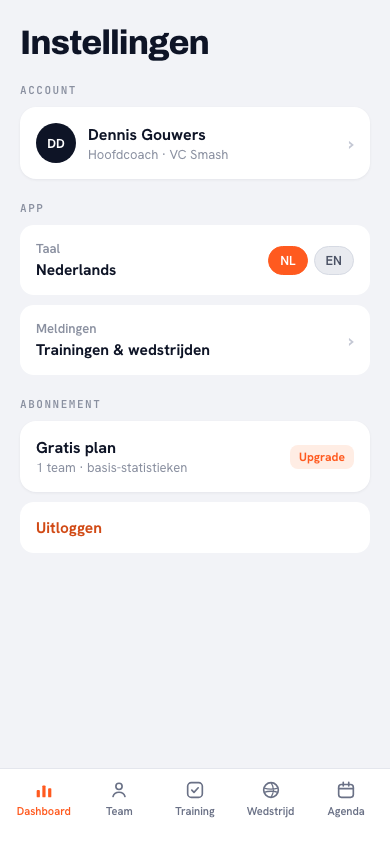 Het profiel- en instellingenscherm van de Koach-app, waar de Support-functie te vinden is