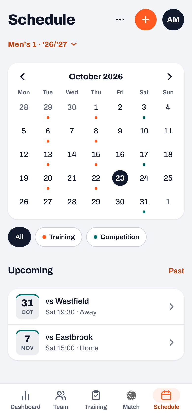 Schedule in Koach: month grid for October 2026 with coloured dots, the filter chips All, Training and Competition and the Upcoming list