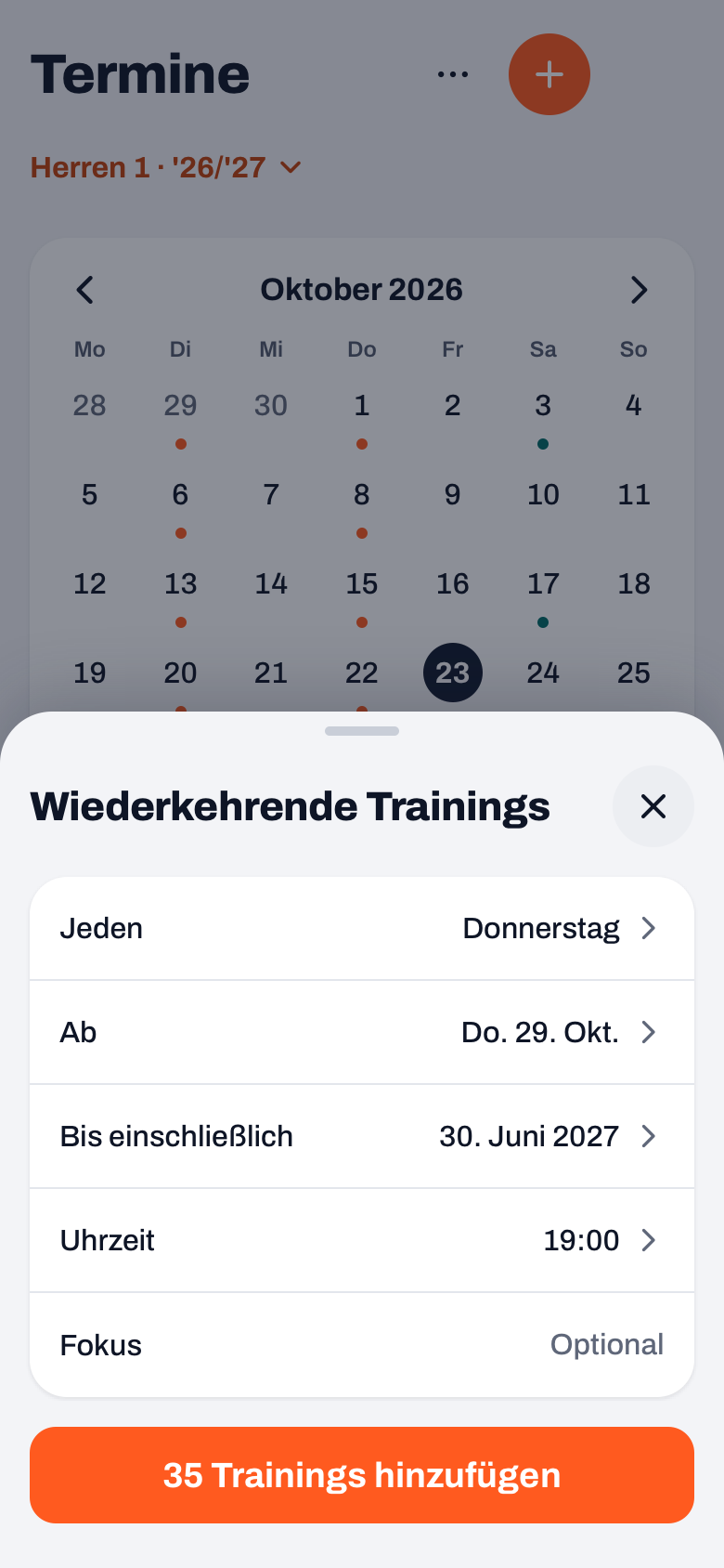 Fenster Wiederkehrende Trainings in Koach mit Jeden, Ab, Bis einschließlich, Uhrzeit und Fokus und einer Schaltfläche, die die Trainings zählt
