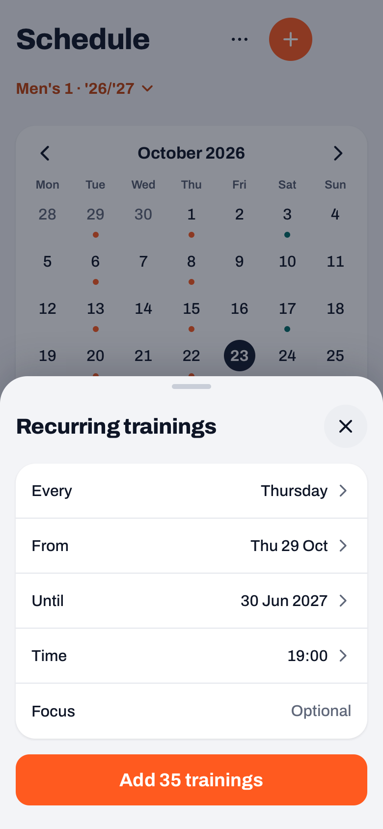 Recurring trainings sheet in Koach: every Thursday from Thu 29 Oct until 30 Jun 2027 at 19:00, with the Add 35 trainings button