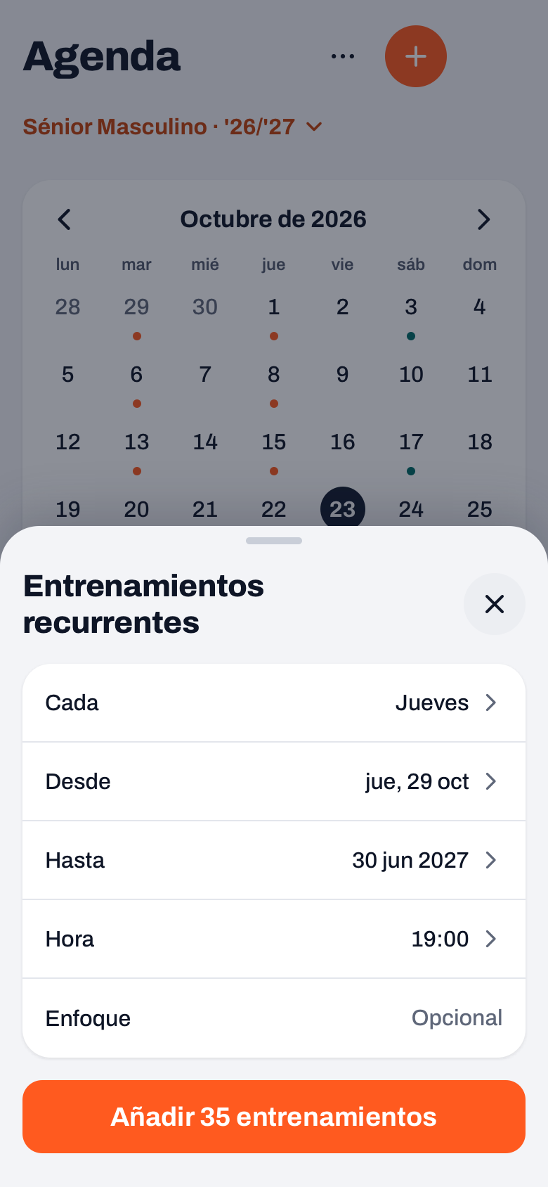 Hoja Entrenamientos recurrentes en Koach: cada jueves del 29 de octubre al 30 de junio de 2027 a las 19:00