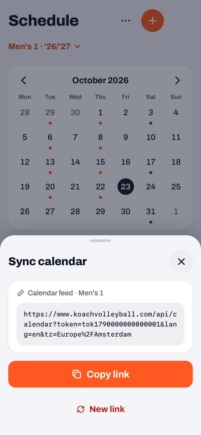 The Sync calendar sheet in the Koach app: the calendar feed of Men's 1, the link, the Copy link button and New link