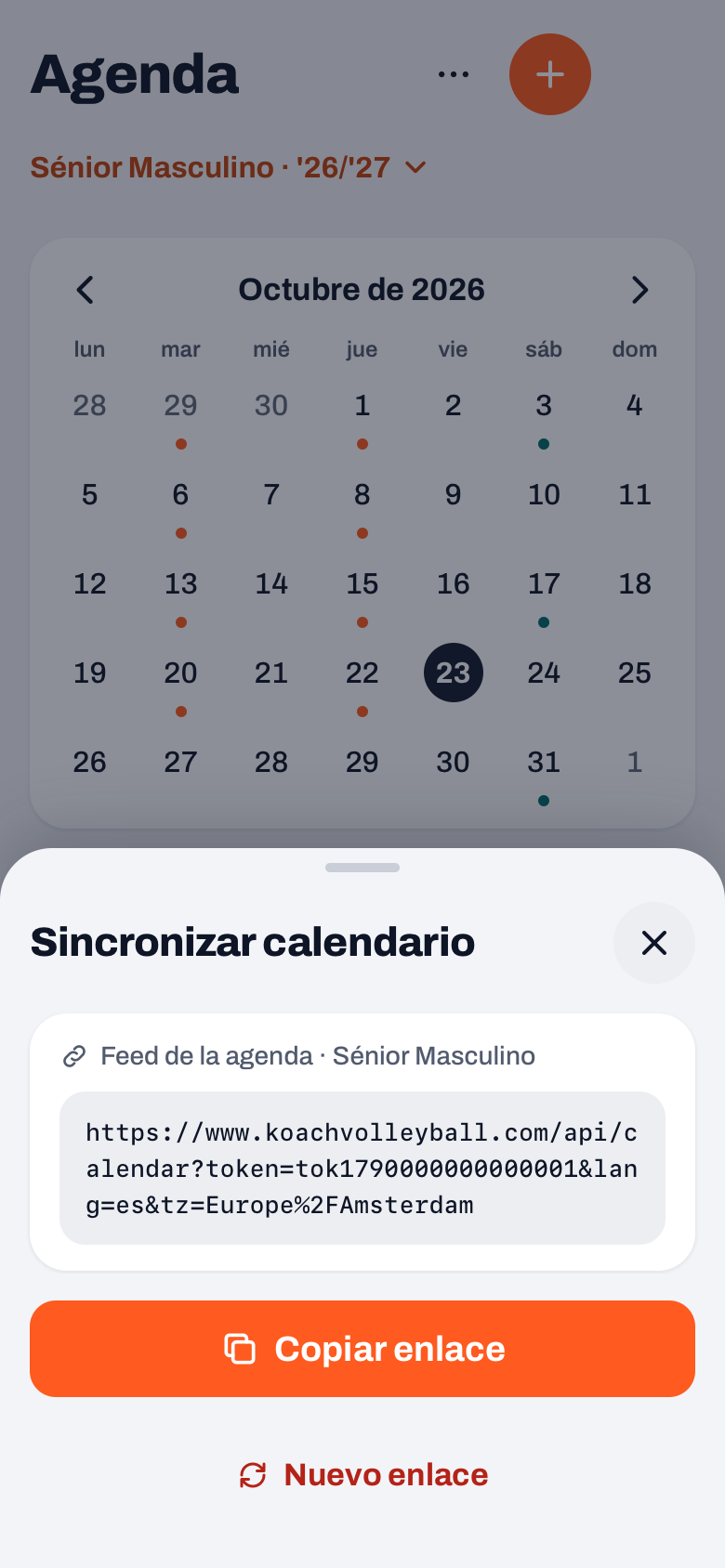 Hoja Sincronizar calendario en la app de Koach con el feed de la agenda del equipo, el enlace, Copiar enlace y Nuevo enlace