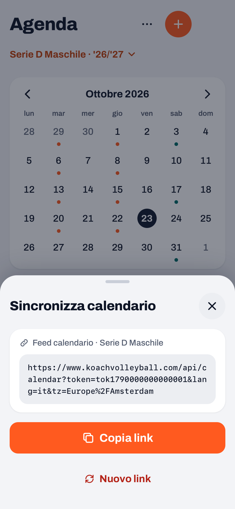 Pannello Sincronizza calendario nell'app Koach: il feed calendario della Serie D Maschile, il link, Copia link e Nuovo link