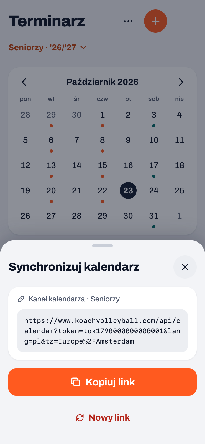 Okno Synchronizuj kalendarz w aplikacji Koach: kanał kalendarza drużyny Seniorzy, link oraz przyciski Kopiuj link i Nowy link
