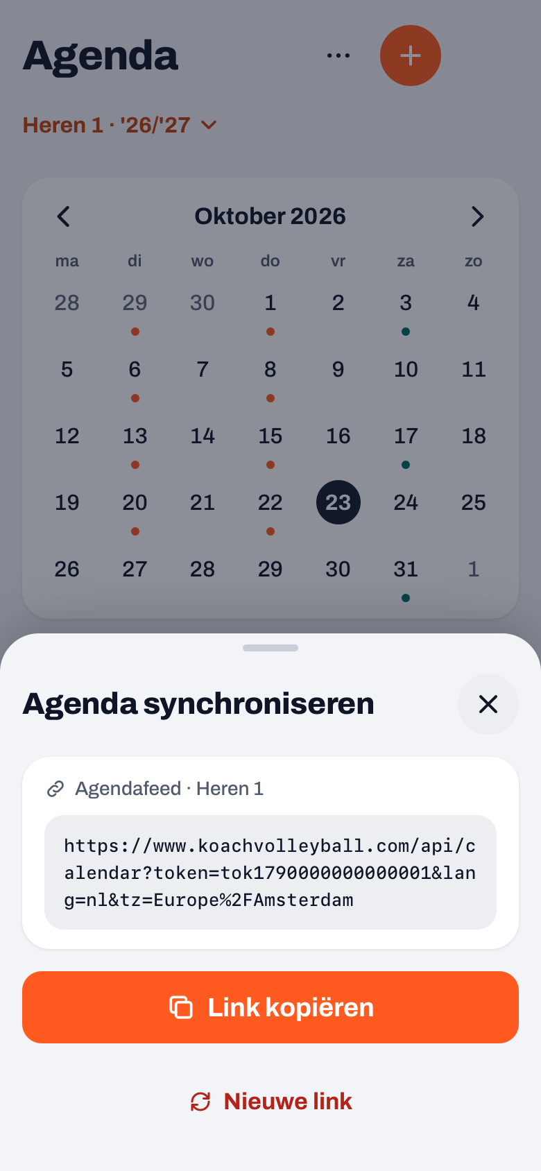 Blad Agenda synchroniseren in de Koach-app: de agendafeed van Heren 1, de link, de knop Link kopiëren en Nieuwe link