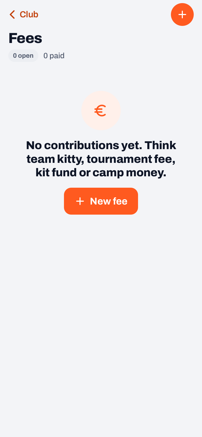 Fees in Koach: an empty list mentioning team kitty, tournament fee, kit fund and camp money, with the New fee button
