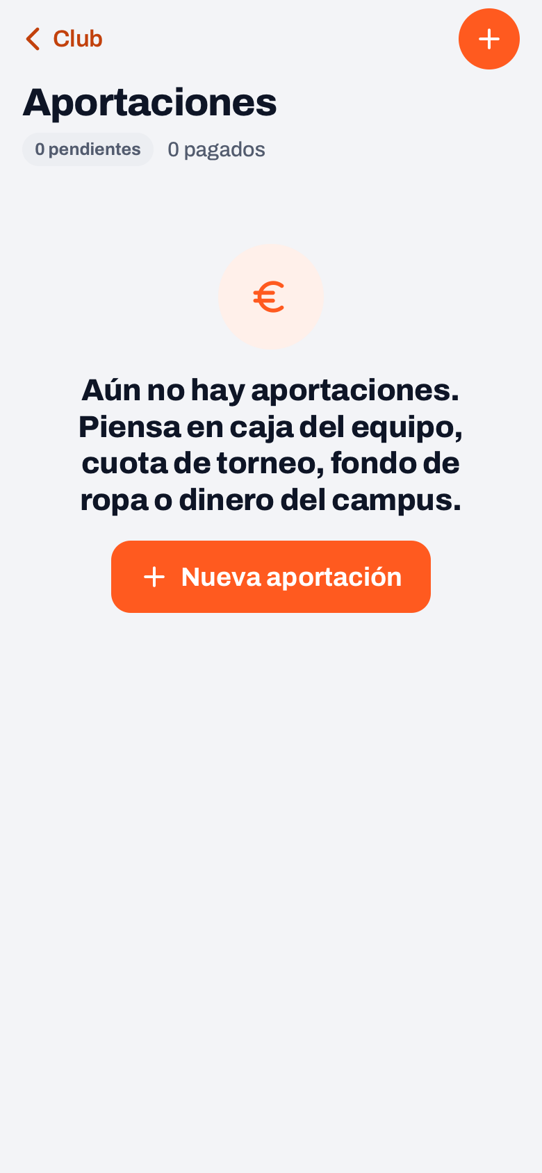 Aportaciones en Koach: una lista vacía que propone caja del equipo, cuota de torneo, fondo de ropa o dinero del campus, y Nueva aportación