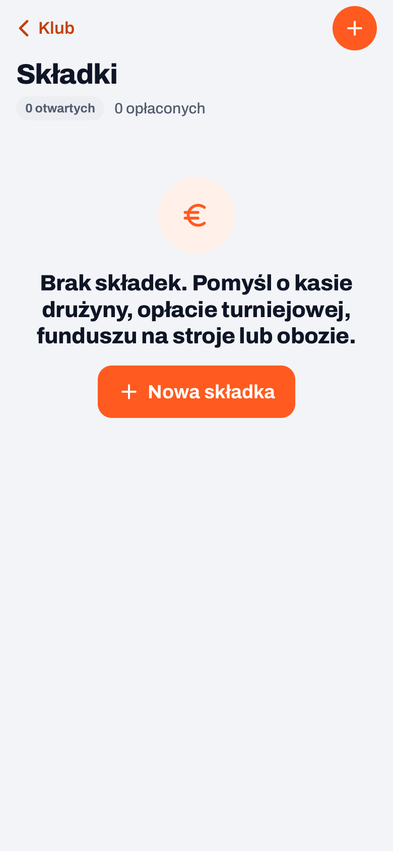 Składki w Koach: pusta lista z podpowiedzią o kasie drużyny, opłacie turniejowej, funduszu na stroje i obozie oraz przycisk Nowa składka