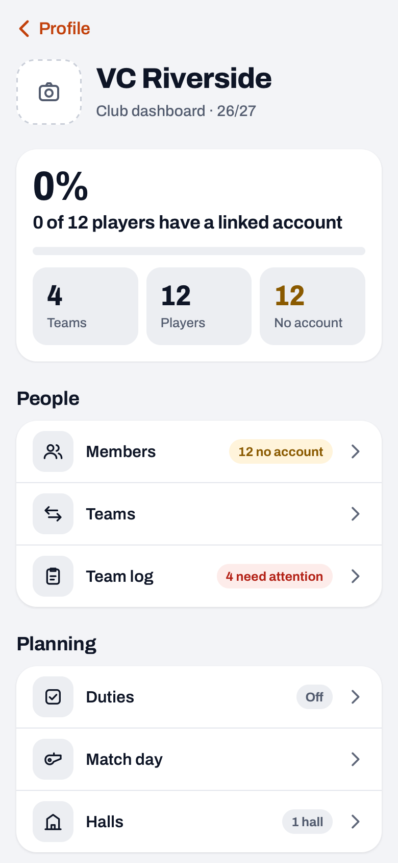 Club dashboard in Koach with the Teams, Players and No account tiles and, under Planning, the Duties and Match day rows